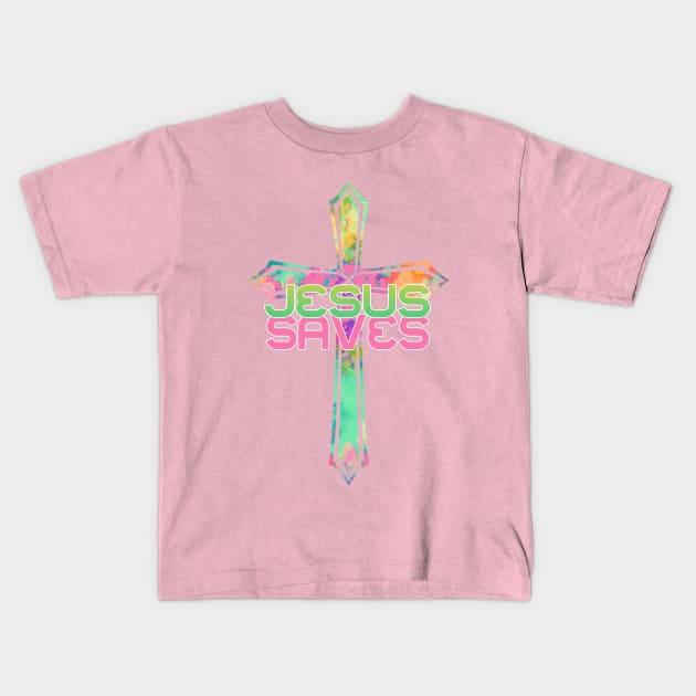 Jesus Saves with Stained Glass Cross Kids T-Shirt by AlondraHanley